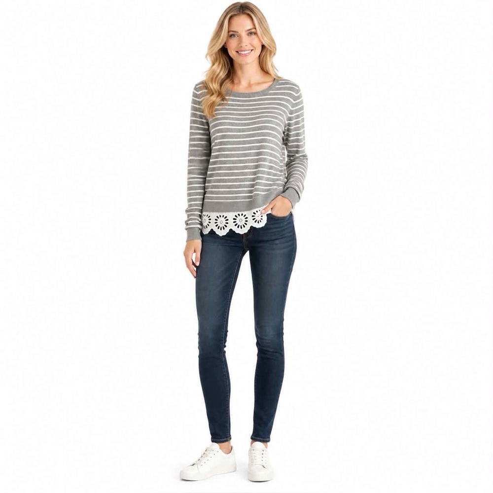 GNW Striped Sweater Grey With Batternberg Lace Hem Size Small